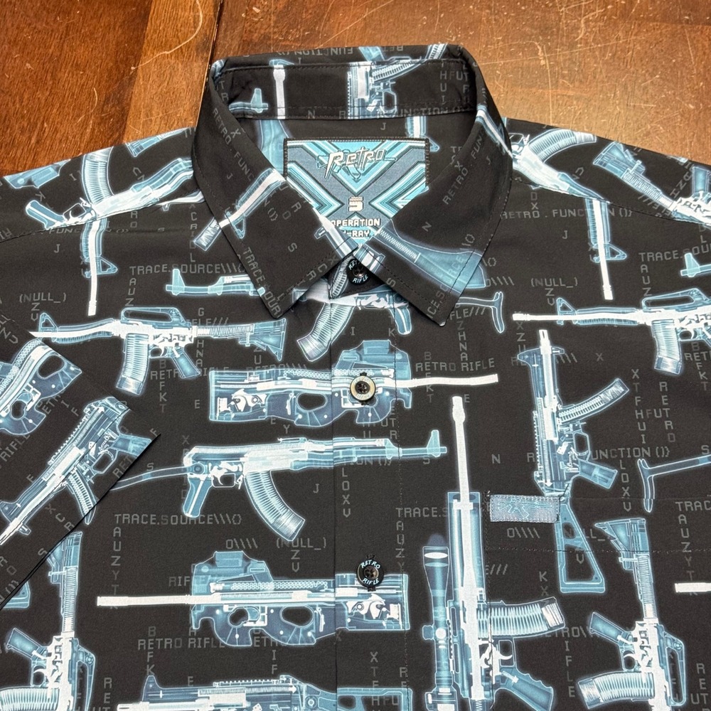 Retro Rifle Button Down Mens Small Black Operation X-Ray Gun Blueprint Shirt